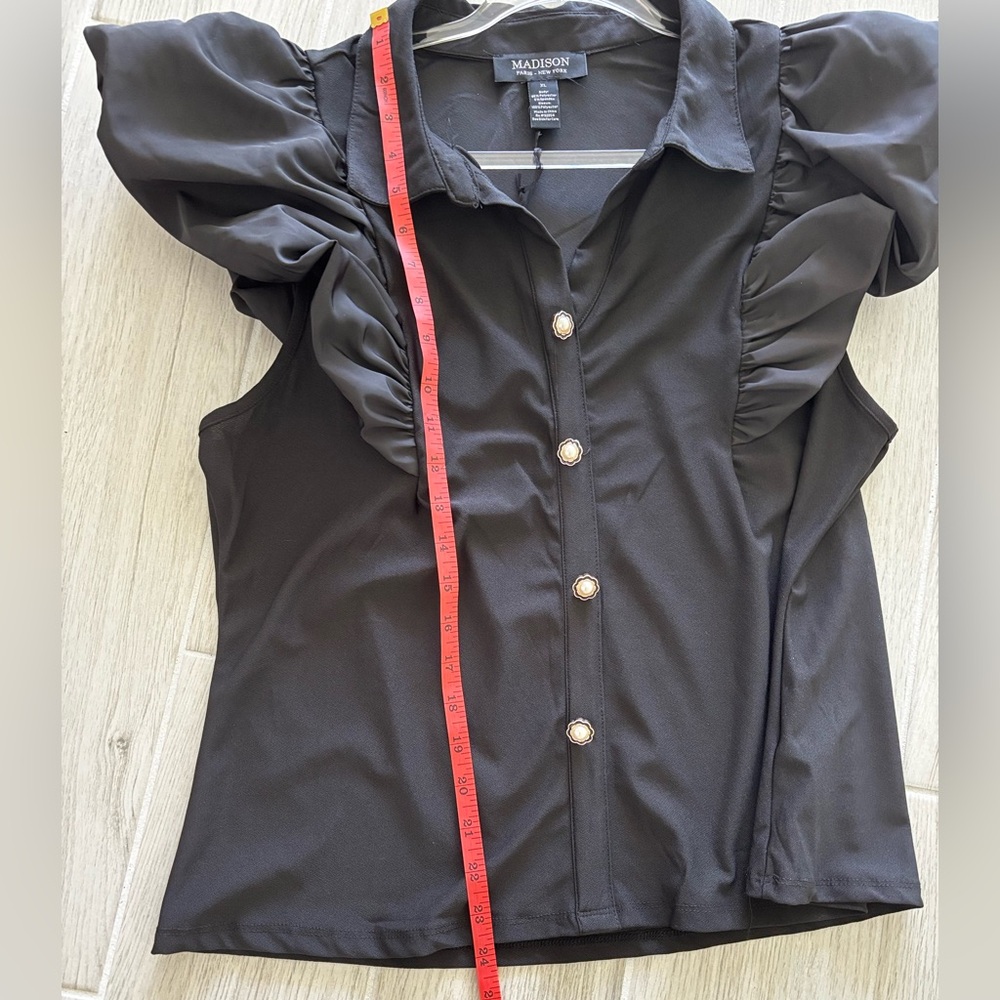 Pearl Button Black Ruffle Puff sleeve Blouse - Picture 11 of 14